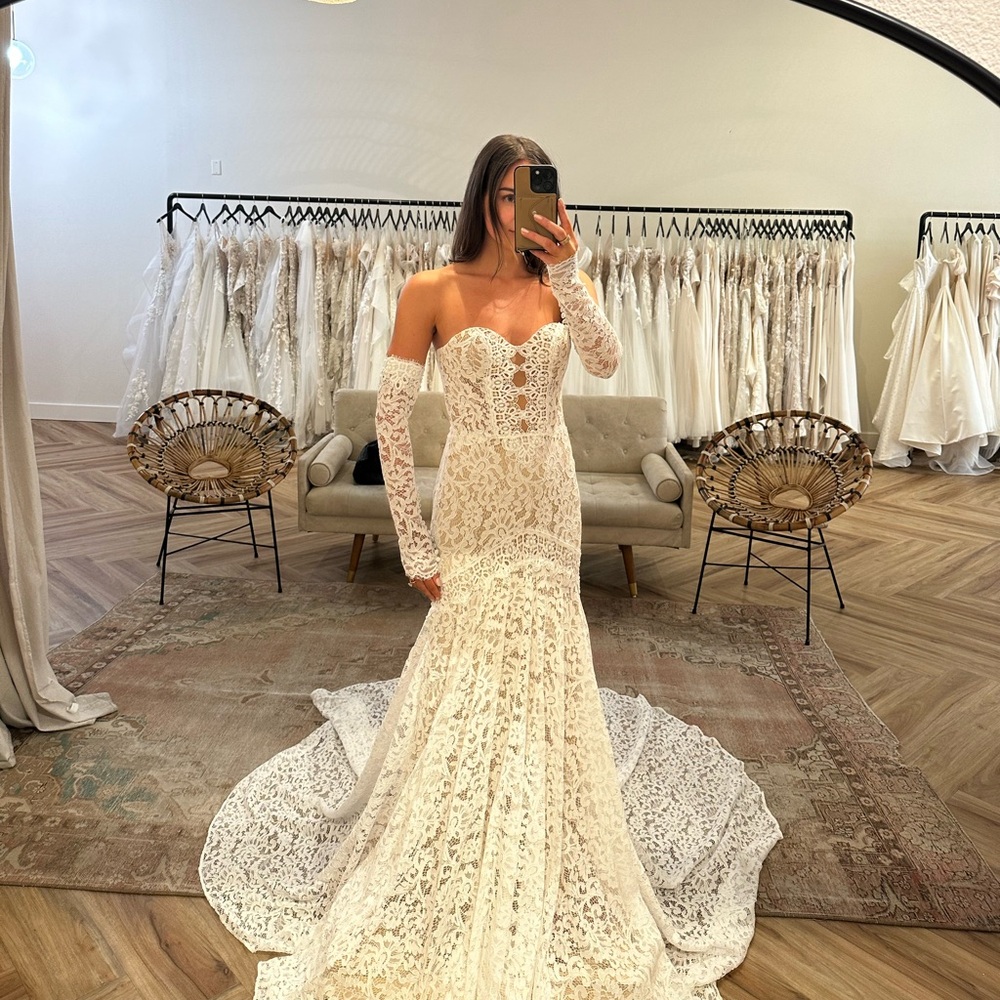 RISH “Gia” Bridal lace strapless fitted Wedding Gown with detachable sleeves